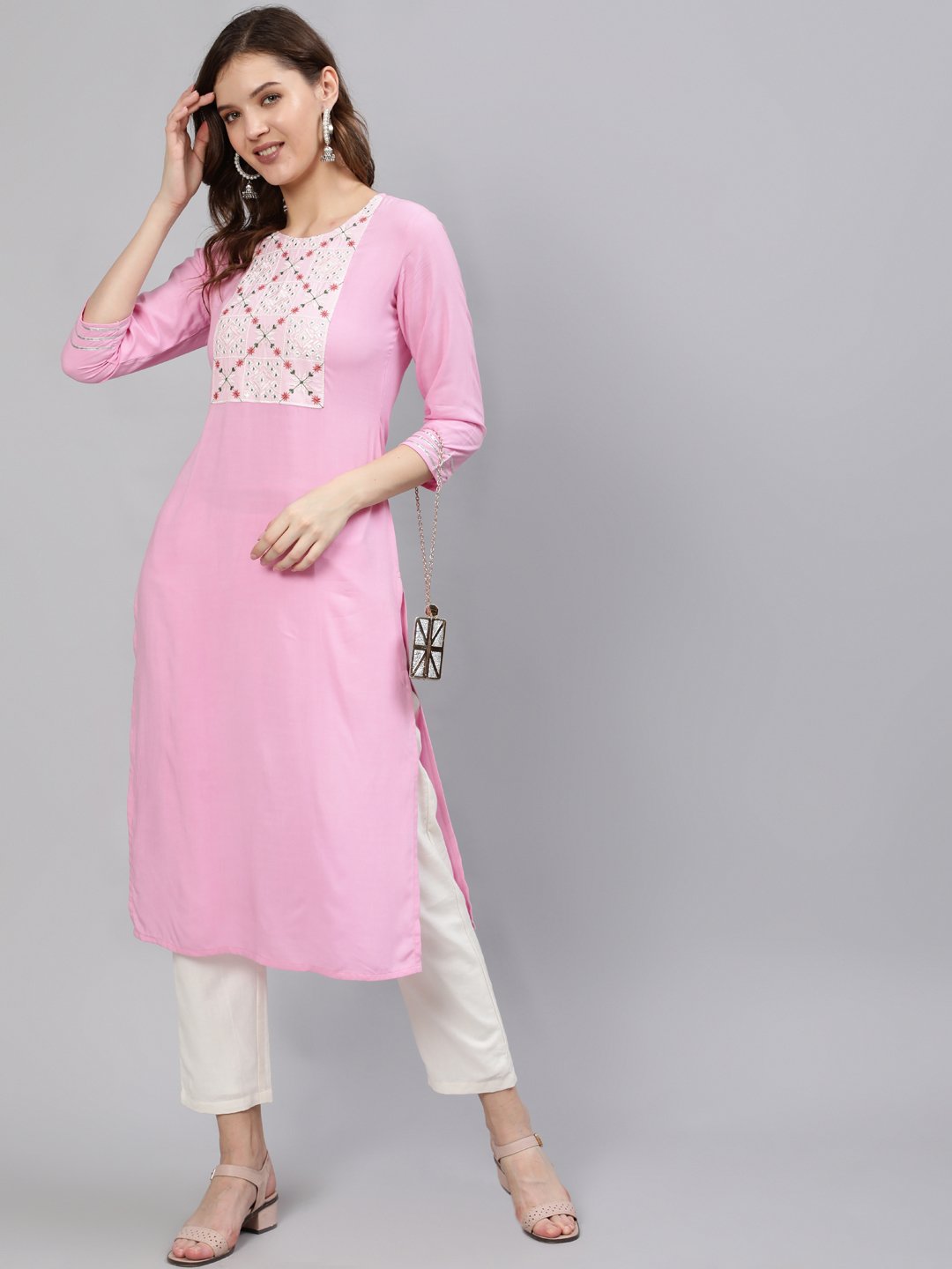 Women Pink Embroidered Straight Kurta With Three Quarter Sleeves