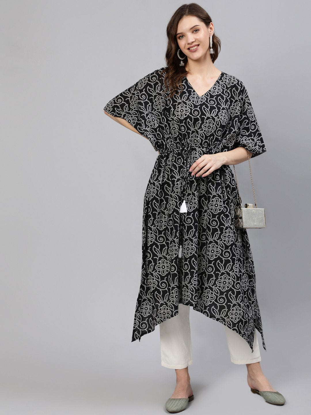 Women Black Bandhani Printed Kaftan