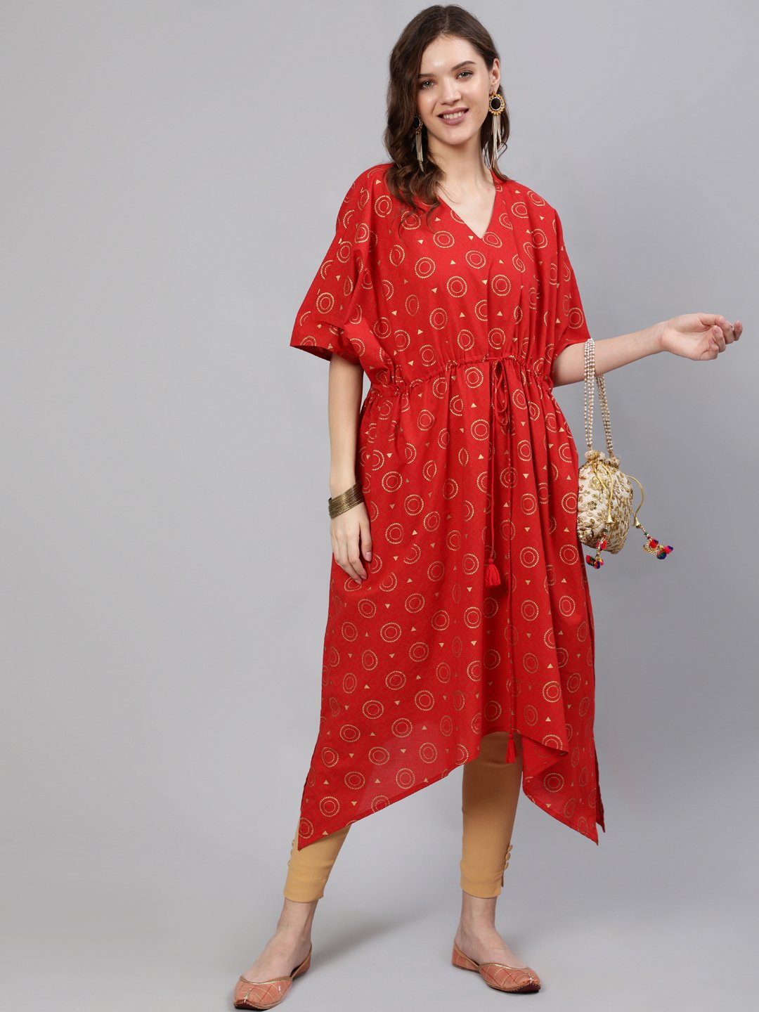 Women Red & Gold Printed Kaftan