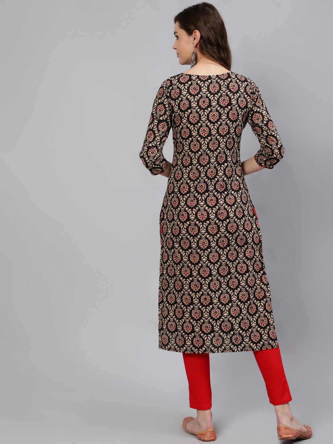 Women Black Mirror Work Printed Straight Kurta With Three Quarter Sleeves