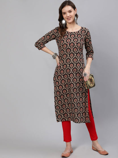 Women Black Mirror Work Printed Straight Kurta With Three Quarter Sleeves