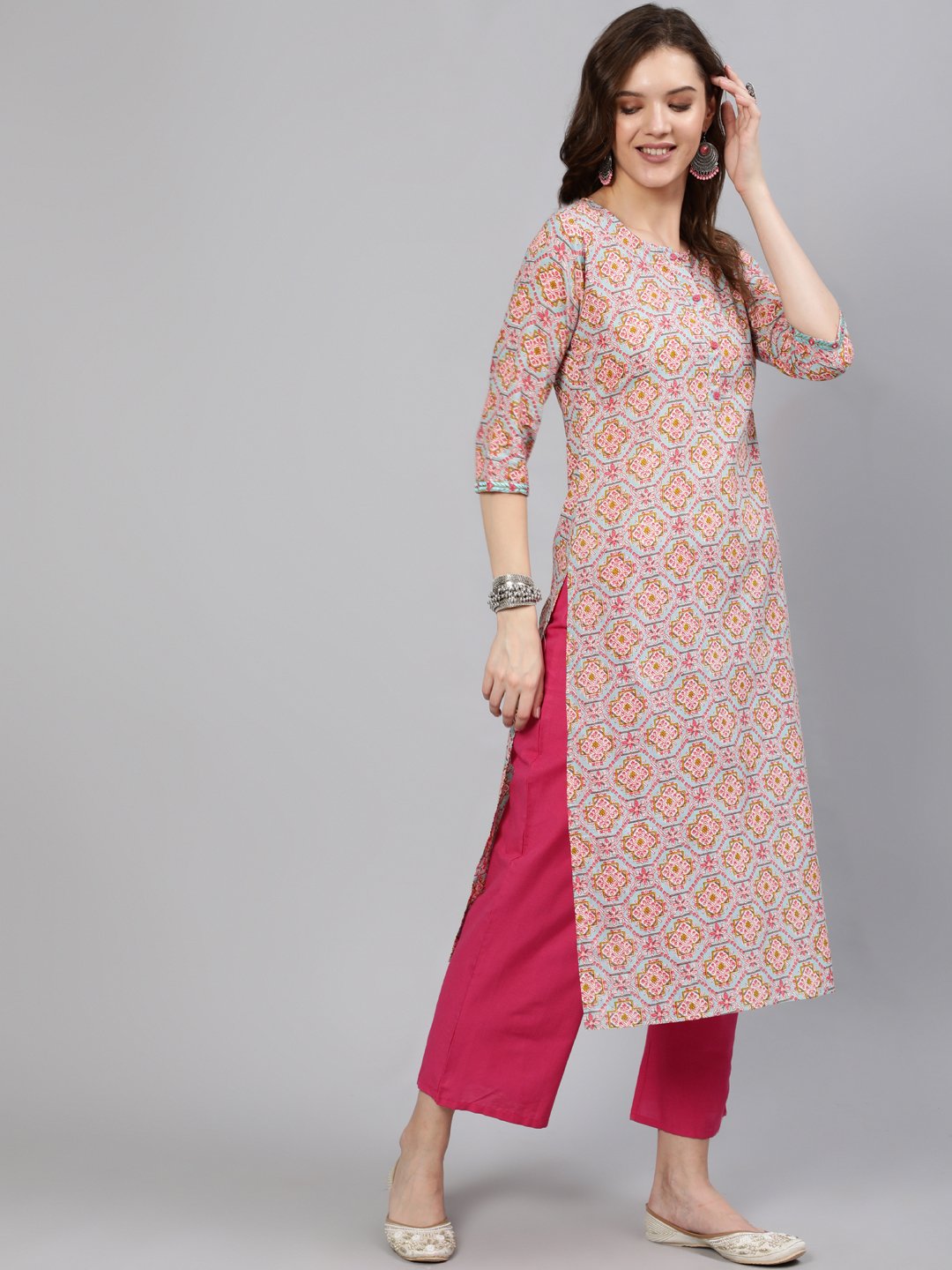 Women Blue Embroidered Mirror Work Printed Straight Kurta With Three Quarter Sleeves