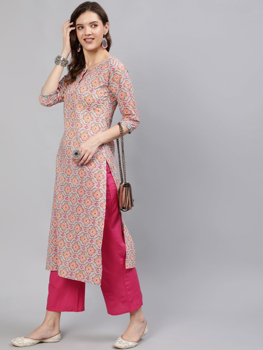 Women Blue Embroidered Mirror Work Printed Straight Kurta With Three Quarter Sleeves