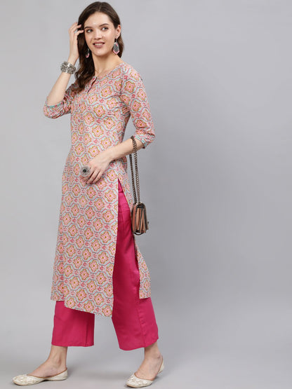 Women Blue Embroidered Mirror Work Printed Straight Kurta With Three Quarter Sleeves