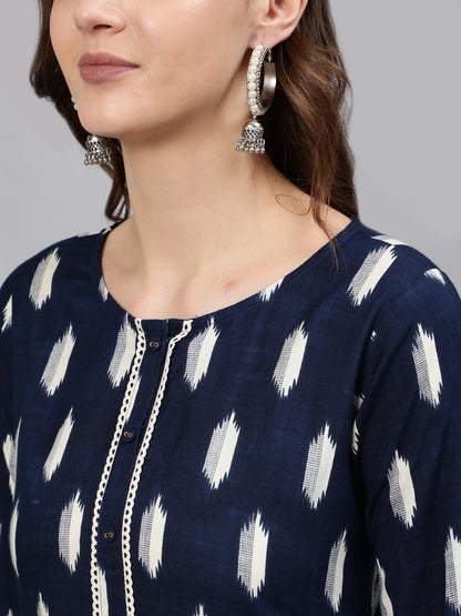 Women Navy Blue Printed Straight Kurta With Three Quarter Sleeves