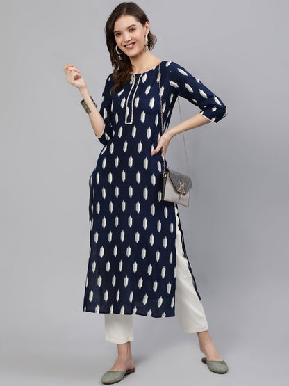 Women Navy Blue Printed Straight Kurta With Three Quarter Sleeves