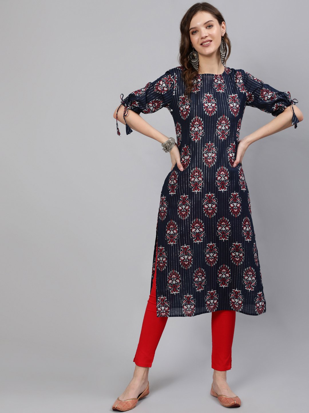 Women Navy Blue Printed Straight Kurta With Half Sleeves