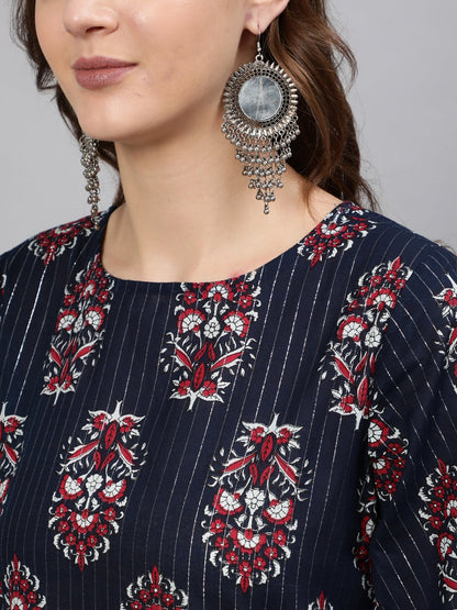 Women Navy Blue Printed Straight Kurta With Half Sleeves