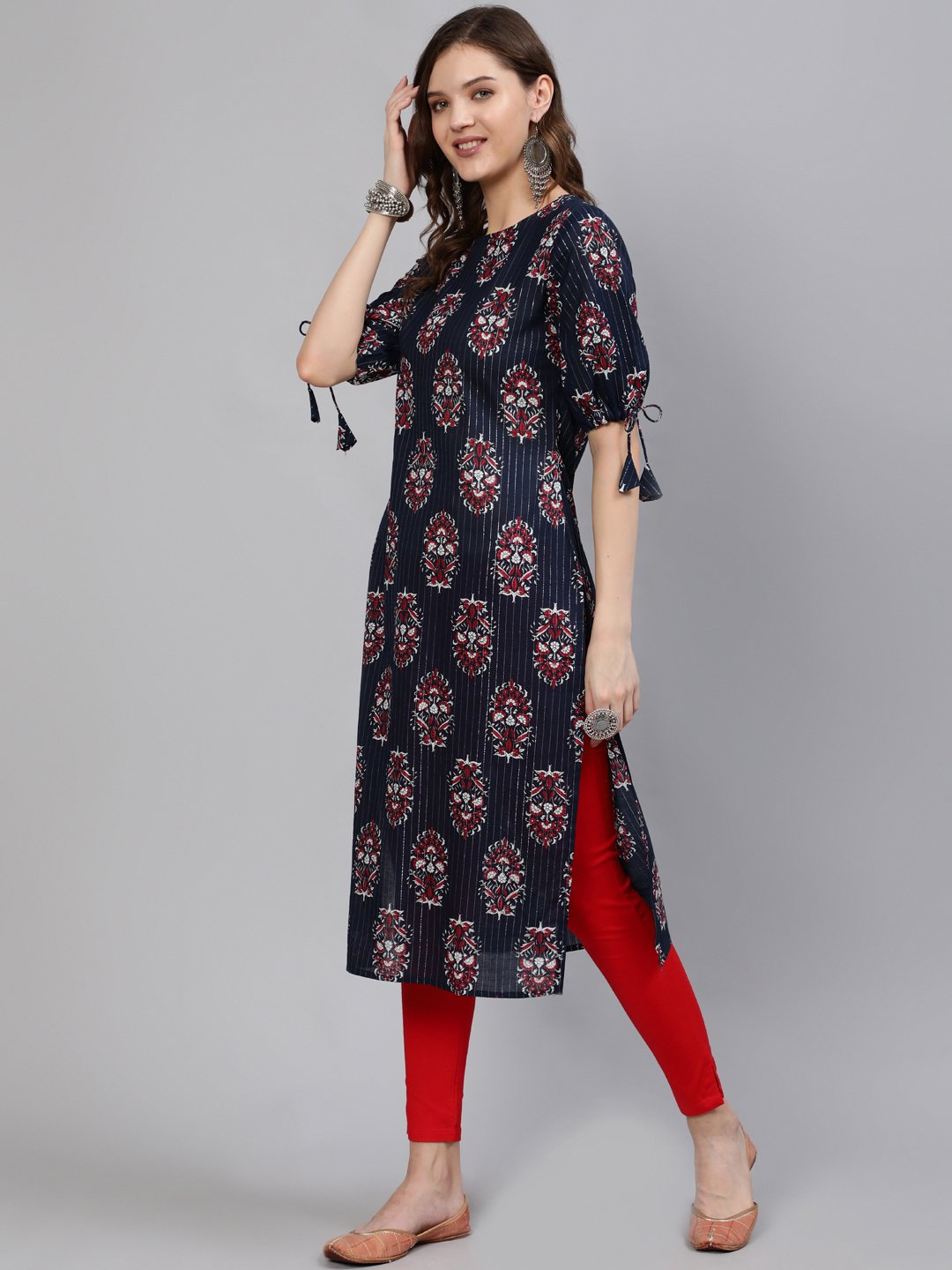 Women Navy Blue Printed Straight Kurta With Half Sleeves