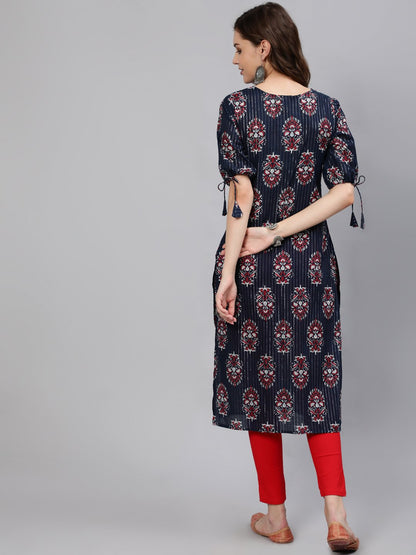 Women Navy Blue Printed Straight Kurta With Half Sleeves