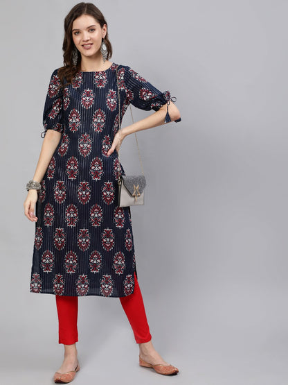 Women Navy Blue Printed Straight Kurta With Half Sleeves