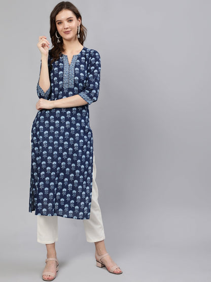 Women Blue Printed Hand Work Straight Kurta With Half Sleeves