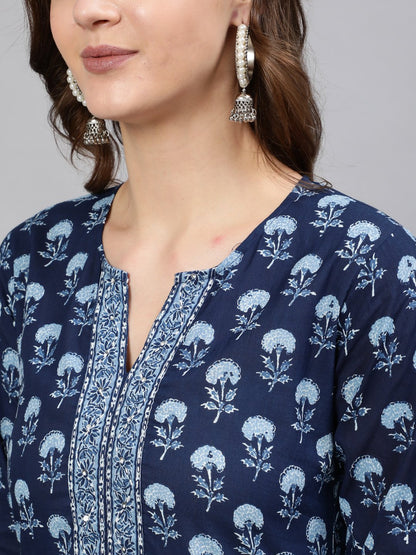 Women Blue Printed Hand Work Straight Kurta With Half Sleeves