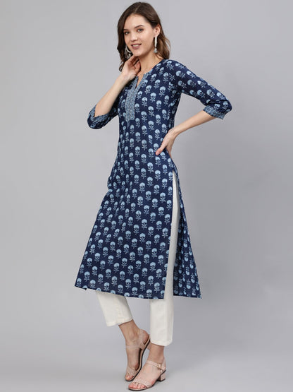 Women Blue Printed Hand Work Straight Kurta With Half Sleeves