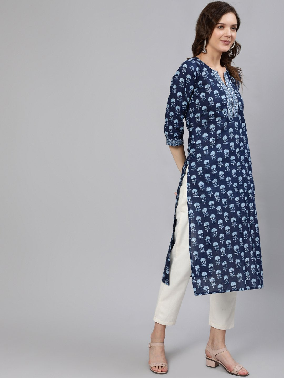 Women Blue Printed Hand Work Straight Kurta With Half Sleeves