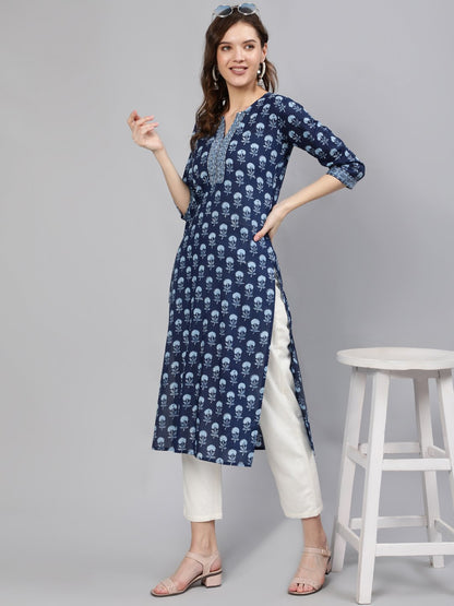 Women Blue Printed Hand Work Straight Kurta With Half Sleeves