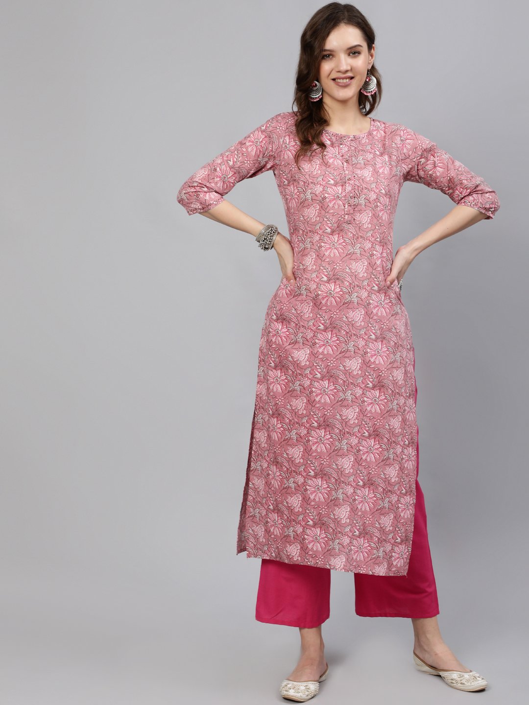 Women Pink Printed Hand Work Straight Kurta With Three Quarter Sleeves