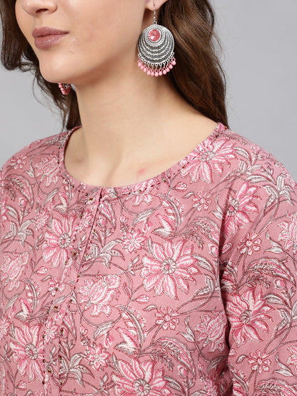 Women Pink Printed Hand Work Straight Kurta With Three Quarter Sleeves