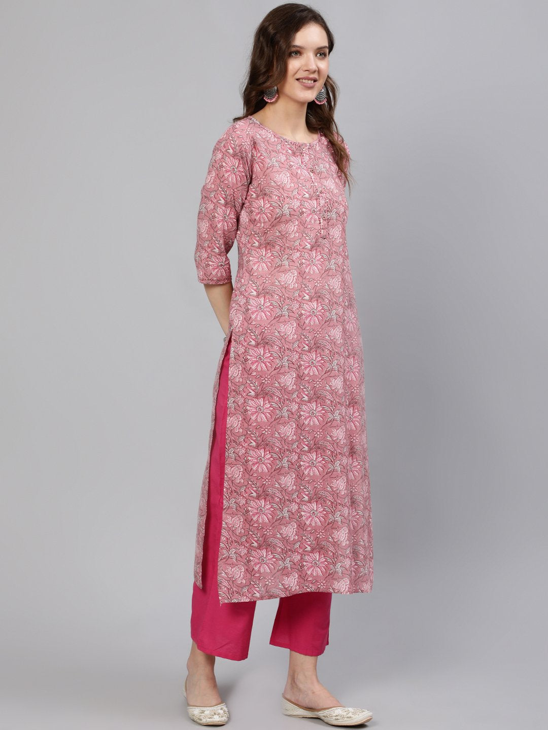 Women Pink Printed Hand Work Straight Kurta With Three Quarter Sleeves