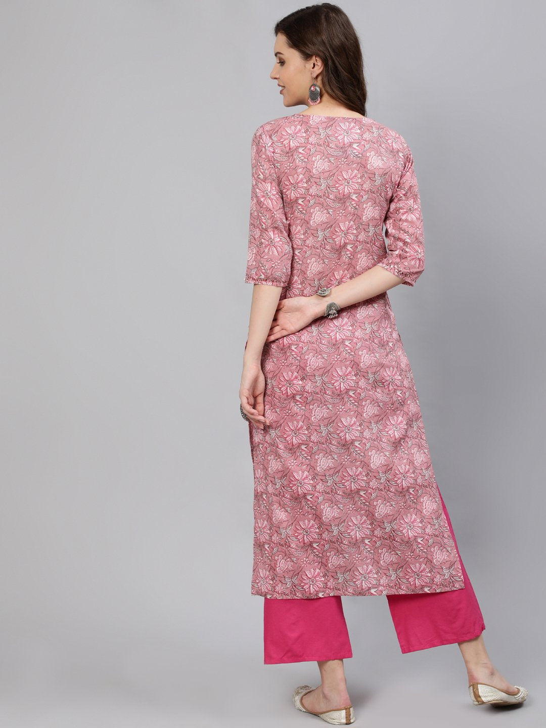 Women Pink Printed Hand Work Straight Kurta With Three Quarter Sleeves