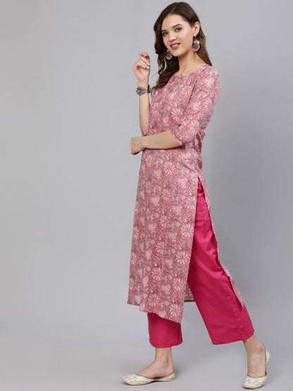 Women Pink Printed Hand Work Straight Kurta With Three Quarter Sleeves