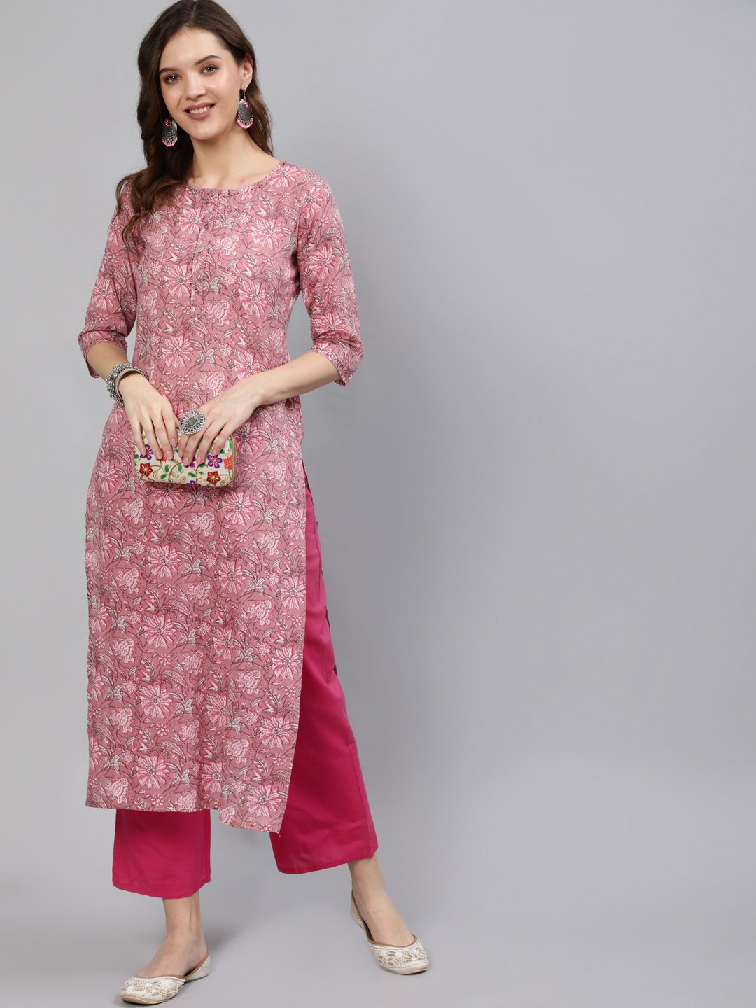 Women Pink Printed Hand Work Straight Kurta With Three Quarter Sleeves