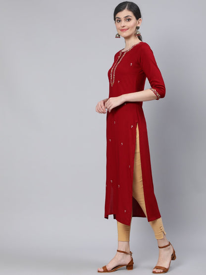 Women Maroon Embroidered Straight Kurta with Three Quarter Sleeves