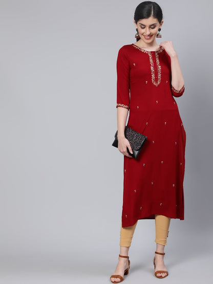 Women Maroon Embroidered Straight Kurta with Three Quarter Sleeves