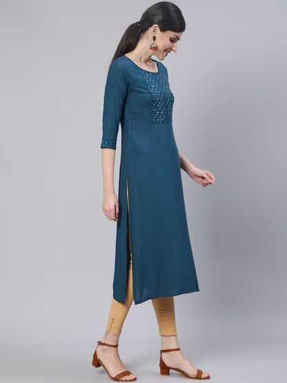 Women Teal Blue Embroidered Straight Kurta with Three Quarter Sleeves