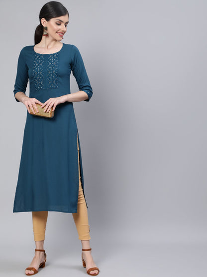 Women Teal Blue Embroidered Straight Kurta with Three Quarter Sleeves