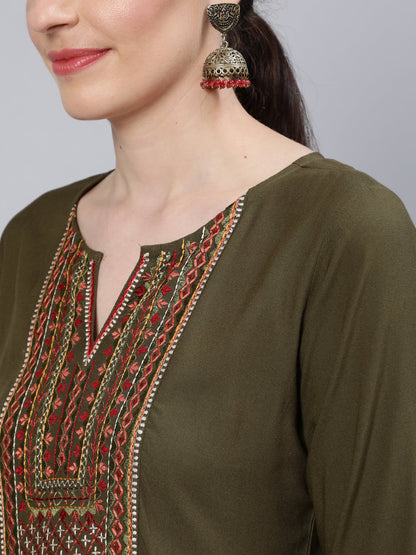 Women Olive Green Embroidered Straight Kurta with Three Quarter Sleeves