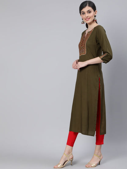 Women Olive Green Embroidered Straight Kurta with Three Quarter Sleeves