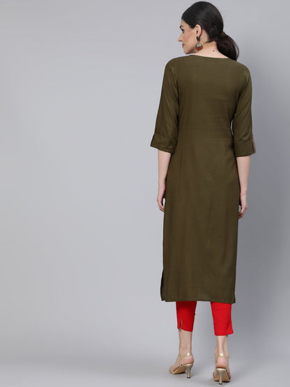 Women Olive Green Embroidered Straight Kurta with Three Quarter Sleeves