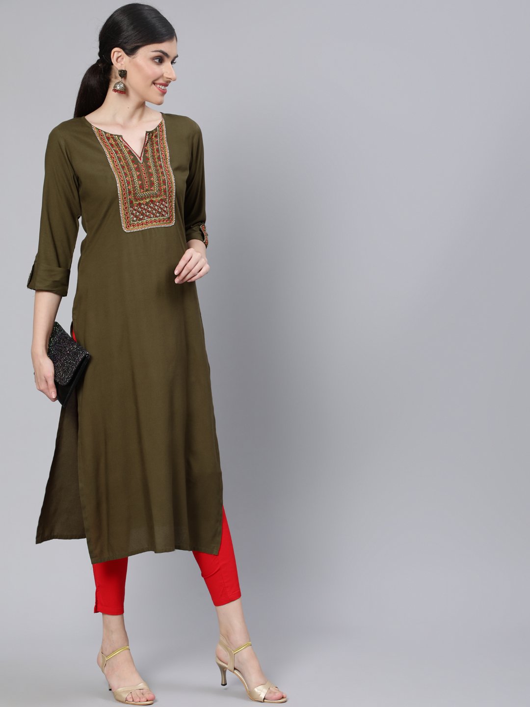 Women Olive Green Embroidered Straight Kurta with Three Quarter Sleeves