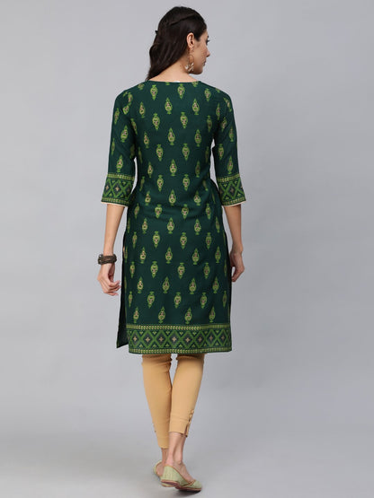 Women Green Ethnic Printed Straight Kurta With Three Quarter Sleeves