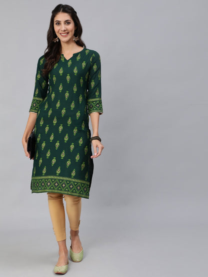 Women Green Ethnic Printed Straight Kurta With Three Quarter Sleeves