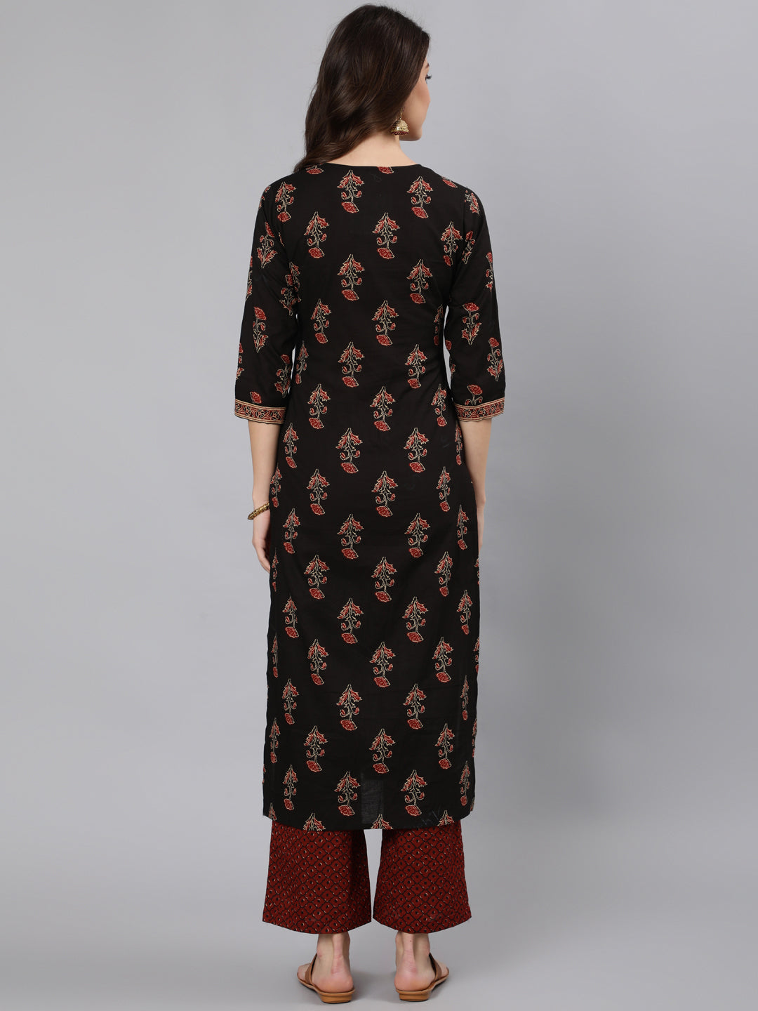 Women Black Ethnic Printed Straight Kurta With One Side Pocket