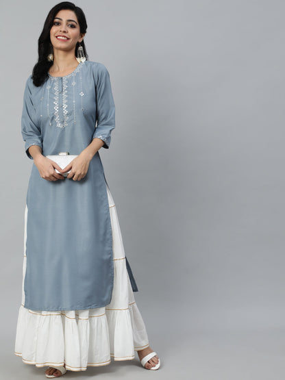 Women Grey Mirror Work Embroidered Straight Kurta With Three Quarter Sleeves