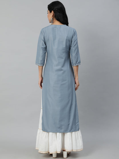 Women Grey Mirror Work Embroidered Straight Kurta With Three Quarter Sleeves