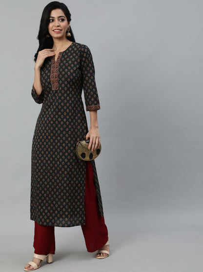 Women Green Ethnic Printed Straight Kurta With Three Quarter Sleeves