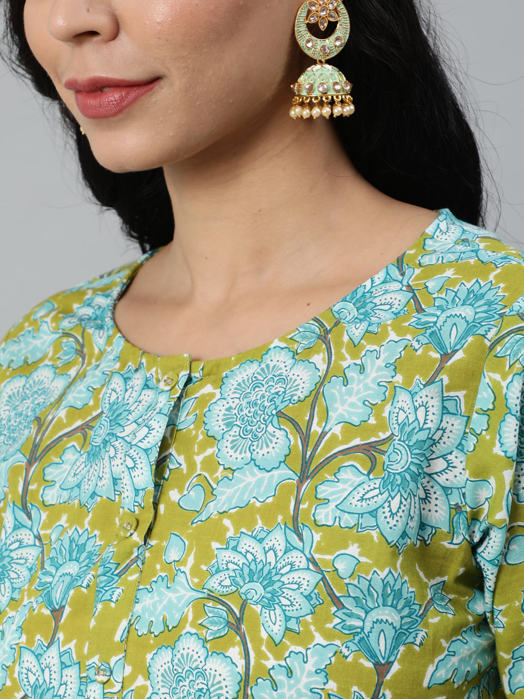 Women Green Floral Printed Straight Kurta With Three Quarter Sleeves