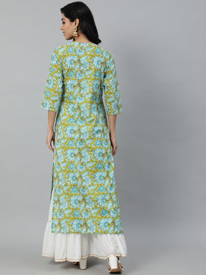 Women Green Floral Printed Straight Kurta With Three Quarter Sleeves