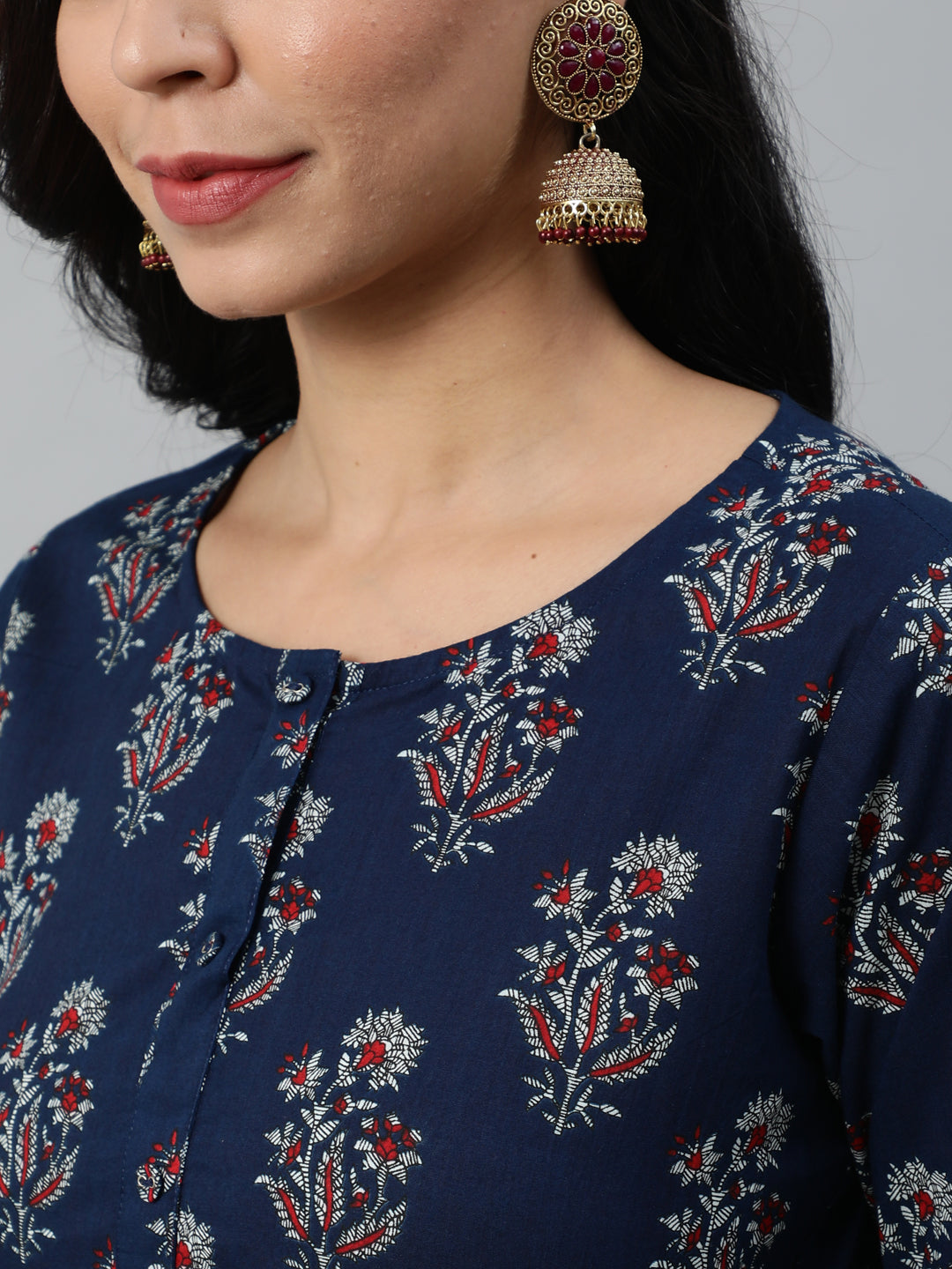 Women Navy Blue Floral Printed Straight Kurta With Three Quarter Sleeves