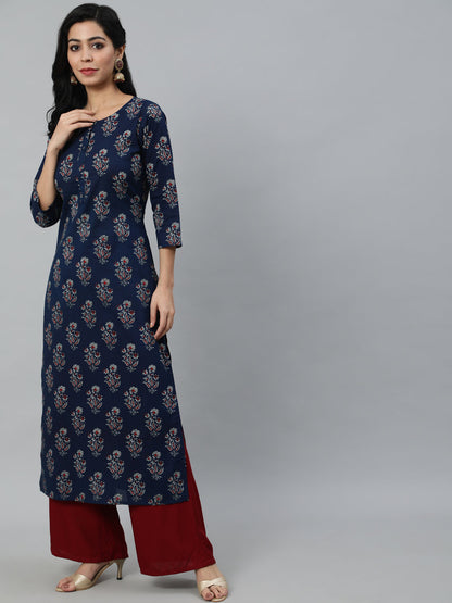 Women Navy Blue Floral Printed Straight Kurta With Three Quarter Sleeves