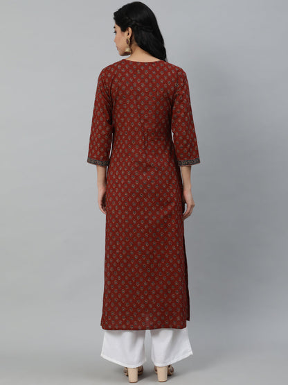 Women Maroon Printed Straight Kurta With Three quarter Sleeves