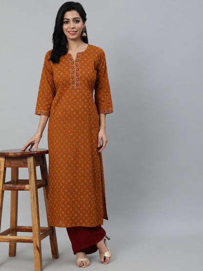 Women Mustrad Ethnic Printed Straight Kurta with Three Quarter Sleeves