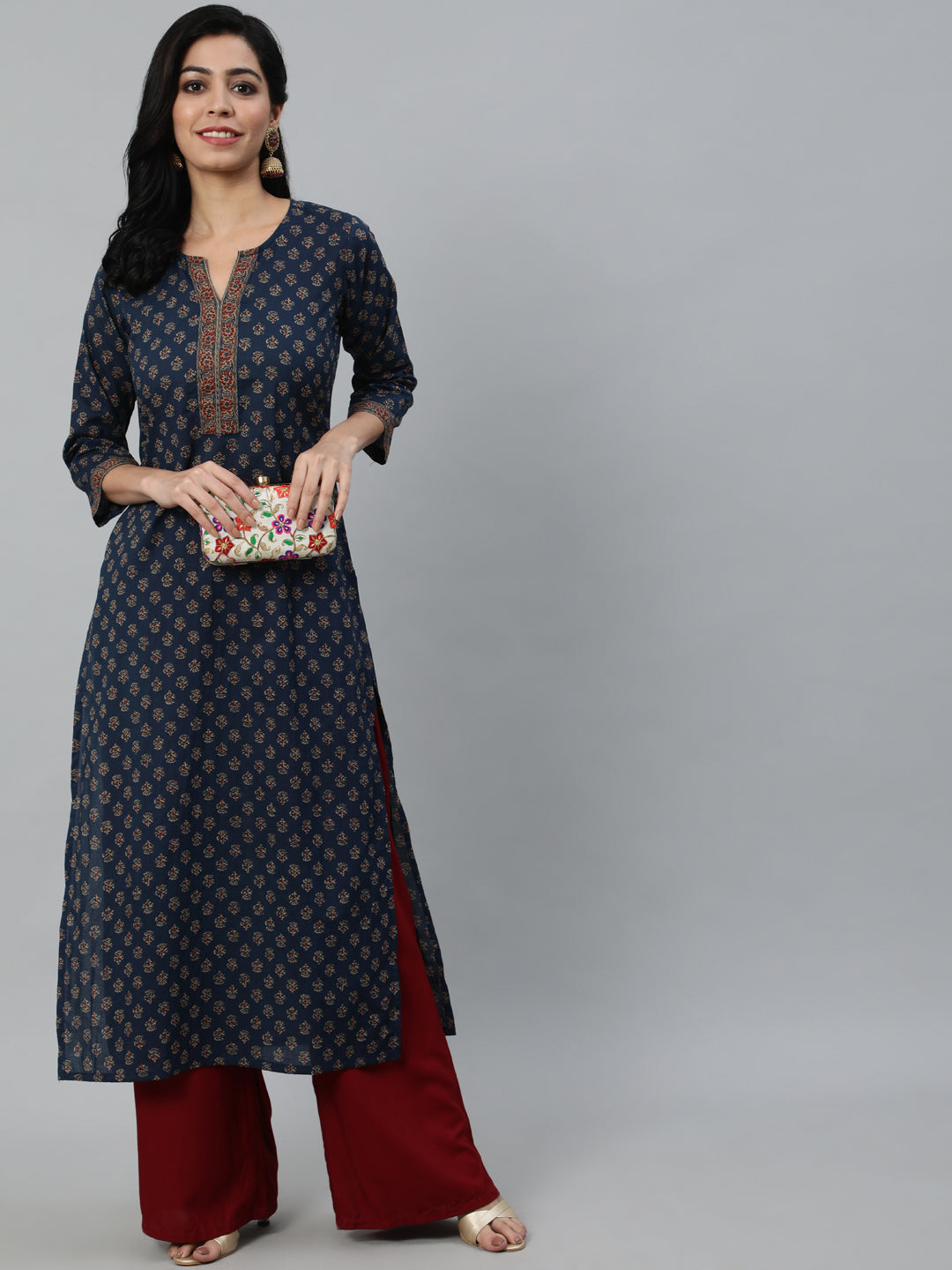 Women Navy Blue Ethnic Printed Straight kurta With Three Quarter Sleeves