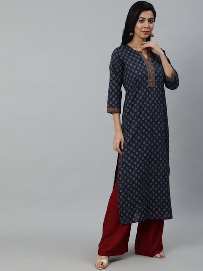 Women Navy Blue Ethnic Printed Straight kurta With Three Quarter Sleeves