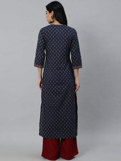 Women Navy Blue Ethnic Printed Straight kurta With Three Quarter Sleeves