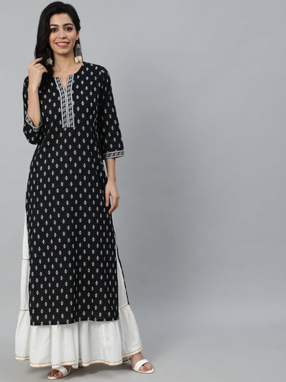 Women Black Calf Length Straight Kurta With Round Neck And Three Quarter Sleeves